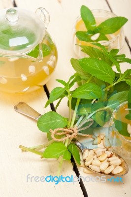 Arab Traditional Mint And Pine Nuts Tea Stock Photo