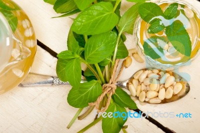 Arab Traditional Mint And Pine Nuts Tea Stock Photo