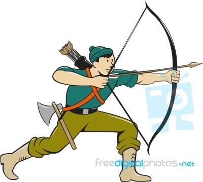 Archer Aiming Long Bow Arrow Cartoon Stock Image