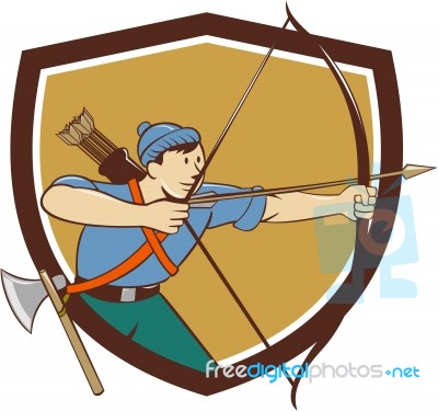 Archer Aiming Long Bow Arrow Cartoon Crest Stock Image