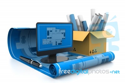Architectural Concept Plan On Monitor Stock Image