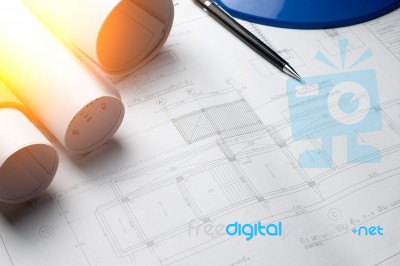 Architectural Plans Project Drawing With Blueprints Rolls Stock Photo