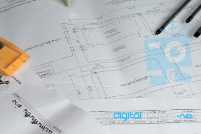 Architectural Plans Project Drawing With Blueprints Rolls Stock Photo
