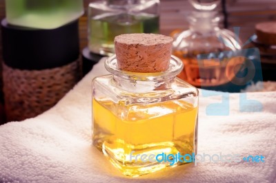 Aroma Oil On White Towel For Spa Concept Stock Photo