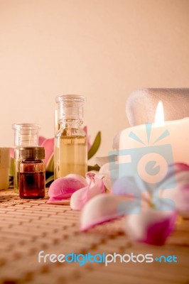 Aromatherapy Essential Oil, Natural Soap And Lilac Flower Stock Photo