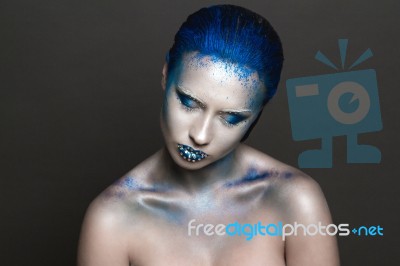 Art Makeup With Blue Hair And Rhinestones Stock Photo