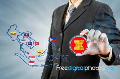 Asean Economic Community In Businessman Hand Stock Photo