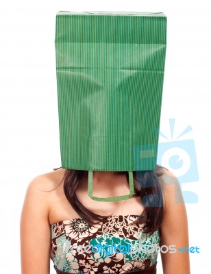 Ashamed Girl With A Bag On Her Head Stock Photo