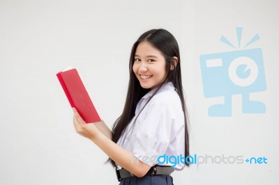 Asia Thai High School Student Uniform Beautiful Girl Read A Book… Stock Photo