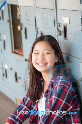 Asia Thai Teenager Women Scotch T-shirt Relax And Smile Stock Photo