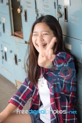 Asia Thai Teenager Women Scotch T-shirt Relax And Smile Stock Photo Asia Thai Teenager Women Scotch T-shirt Relax And Smile Stock Photo