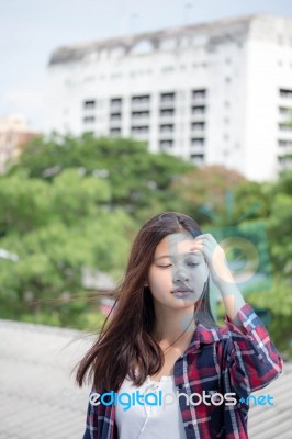 Asia Thai Teenager Women Scotch T-shirt Relax And Smile Stock Photo Asia Thai Teenager Women Scotch T-shirt Relax And Smile Stock Photo
