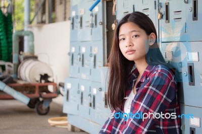 Asia Thai Teenager Women Scotch T-shirt Relax And Smile Stock Photo