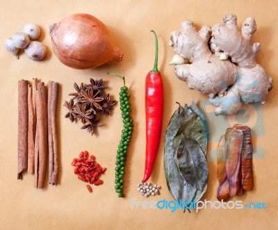 Asia Tropical Spice Herb Vegetable Garlic,cinnamon Stick Onion C… Stock Photo