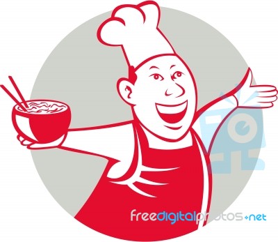 Asian Chef Serving Noodle Bowl Dancing Circle Cartoon Stock Image