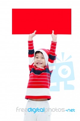 Asian Christmas Boy With Empty Banner Stock Photo