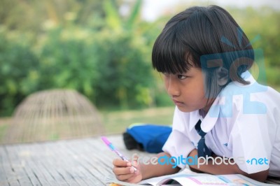 Asian Girl Doing Homework Stock Photo