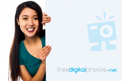 Asian Girl Holding Blank White Ad Board Stock Photo Asian Girl Holding Blank White Ad Board Stock Photo