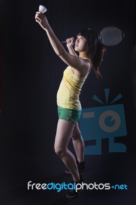 Asian Lady Holding Badminton Racket Stock Photo