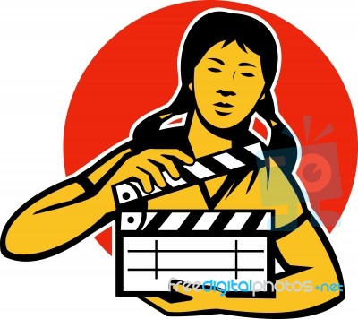 Asian Woman Girl With Movie Clapboard Stock Image
