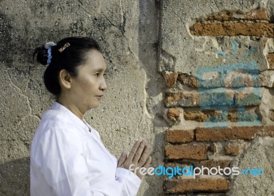 Asian Woman Greets In Temple, Sawasdee Stock Photo Asian Woman Greets In Temple, Sawasdee Stock Photo