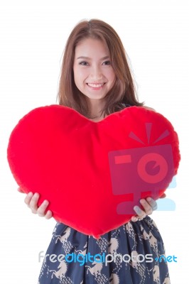 Asian Woman Holding A Red Heart Stock Photo