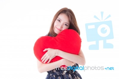 Asian Woman Holding A Red Heart Stock Photo