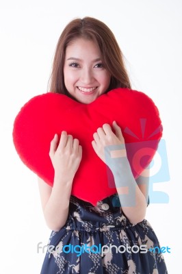Asian Woman Holding A Red Heart Stock Photo