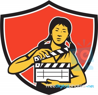 Asian Woman Movie Clapper Shield Retro Stock Image