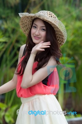 Asian Woman Wearing A Cute Hat Fashion Stock Photo