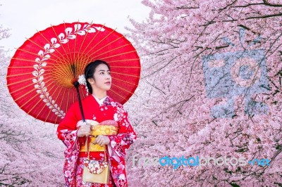 Asian Woman Wearing Japanese Traditional Kimono And Cherry Blossom In Spring, Japan Stock Photo