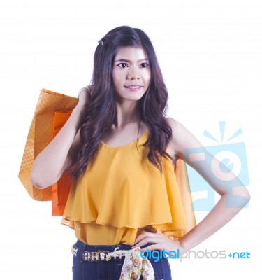 Asian Woman With Shopping Bag Stock Photo