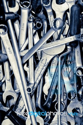 Assorted Old Hand Tools Background Stock Photo