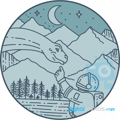 Astronaut Brontosaurus Moon Stars Mountains Circle Mono Line Stock Image