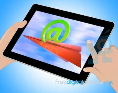 At Sign Aeroplane Shows E-mail Sending Post Tablet Stock Image
