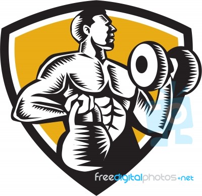 Athlete Lifting Kettlebell Dumbbell Crest Woodcut Stock Image