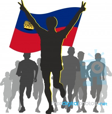 Athlete With The Liechtenstein Flag At The Finish Stock Image