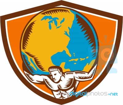 Atlas Carrying Globe Crest Woodcut Stock Image
