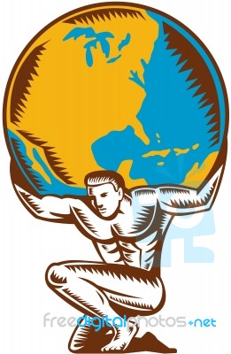 Atlas Lifting Globe Kneeling Woodcut Stock Image