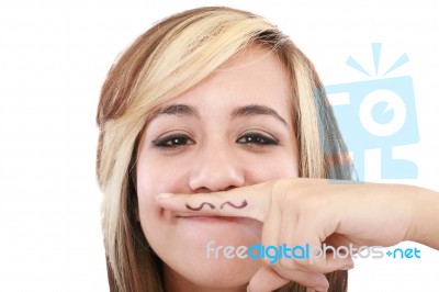 Attractive Girl With Moustache, Using Her Finger Stock Photo