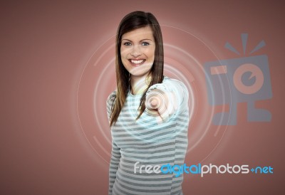 Attractive Woman Touching Virtual Screen Stock Photo