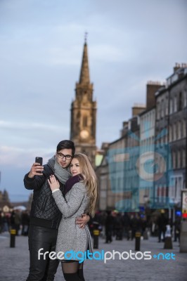 Attractive Young Couple Making Selfie Stock Photo