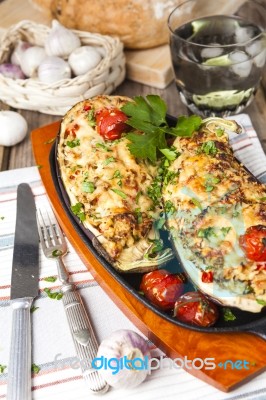 Aubergine Stuffed With Vegetables And Cheese Stock Photo