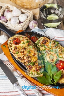Aubergine Stuffed With Vegetables And Cheese Stock Photo
