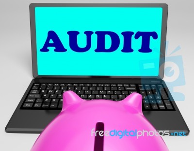Audit Laptop Means Auditor Scrutiny And Analysis Stock Image