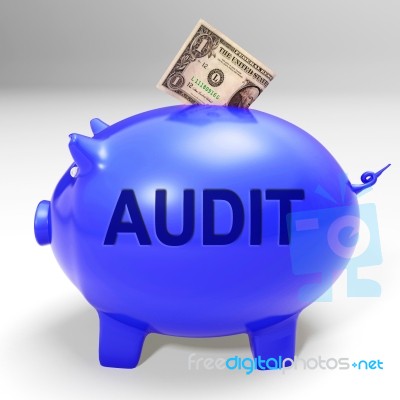 Audit Piggy Bank Means Auditing Inspecting And Finances Stock Image