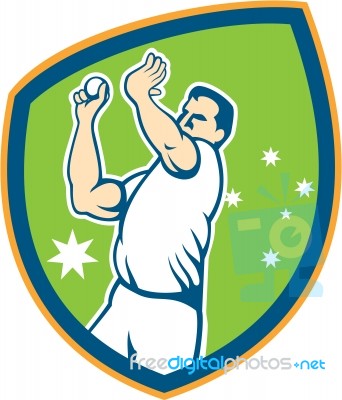Australian Cricket Fast Bowler Bowling Ball Shield Cartoon Stock Image