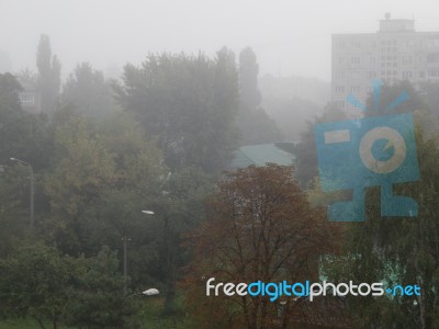 Autumn Fog In The Morning Is Above The City  Stock Photo