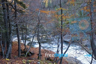 Autumn Landscape In Ordesa National Park, Pyrenees, Huesca, Arag… Stock Photo