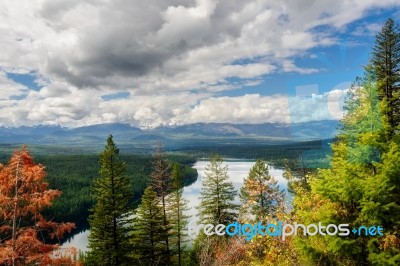 Autumnal View Of Holland Lake In Montana Stock Photo